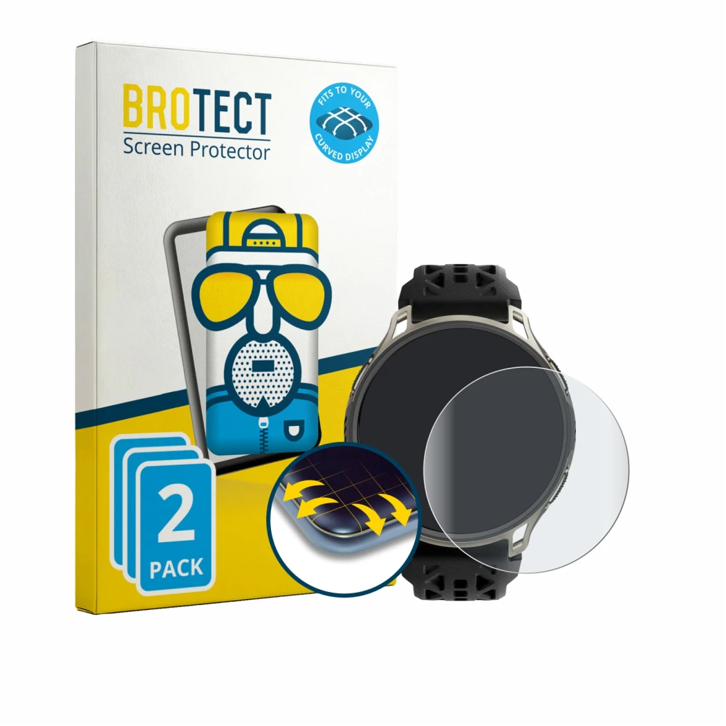 Face avant d’un emballage produit avec le logo de la marque BROTECT. À côté, l’appareil Amazfit Cheetah 2 Pro est représenté a