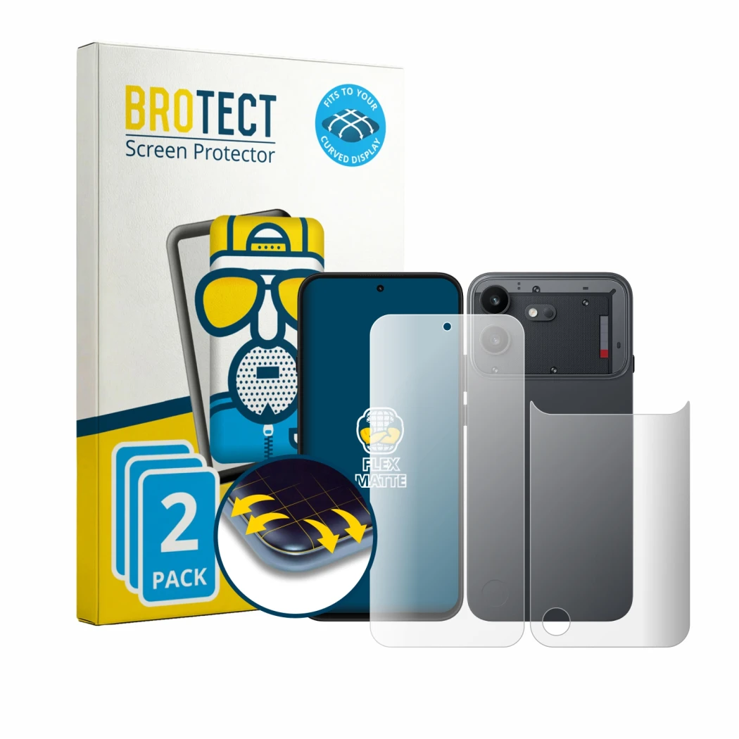 Face avant d’un emballage produit avec le logo de la marque BROTECT. À côté, l’appareil Nothing Phone (4b) (Avant+Arrière) est
