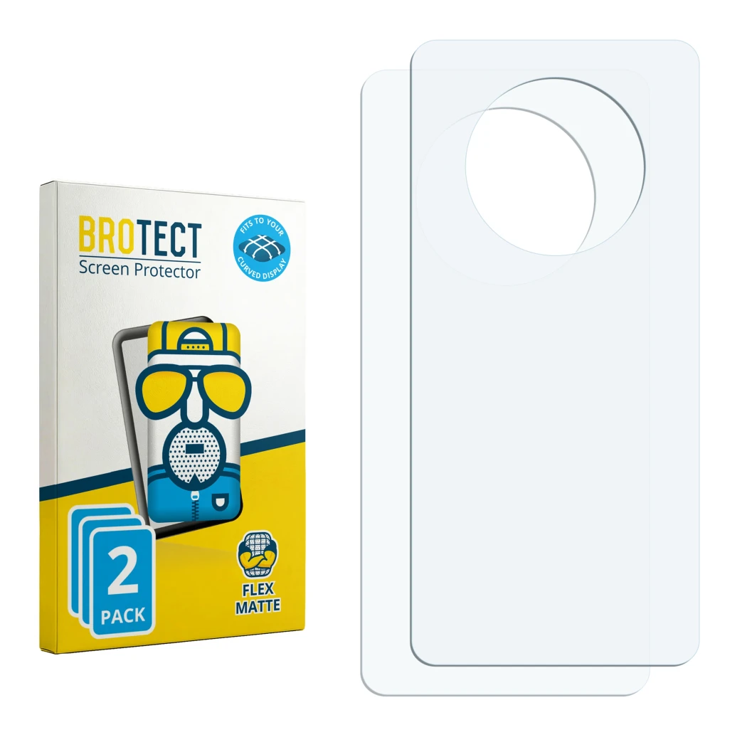 Face avant d’un emballage produit avec le logo de la marque BROTECT. À côté se trouve la protection d’écran correspondante.