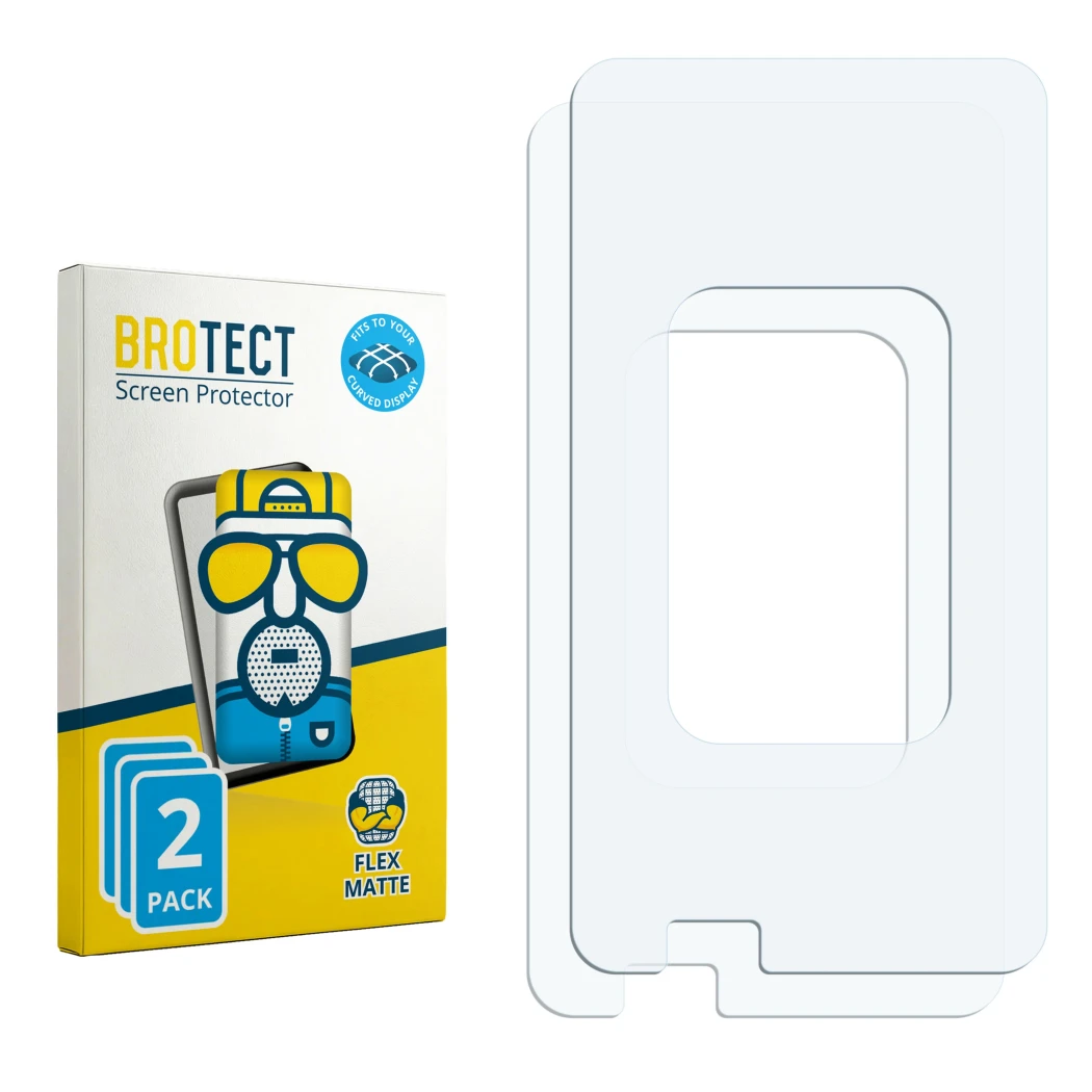 Face avant d’un emballage produit avec le logo de la marque BROTECT. À côté se trouve la protection d’écran correspondante.
