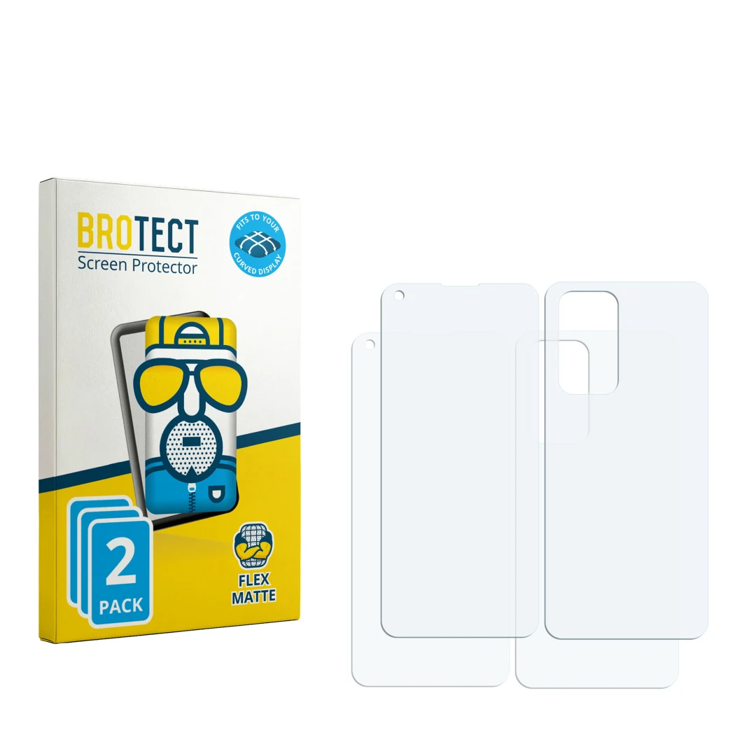 Face avant d’un emballage produit avec le logo de la marque BROTECT. À côté se trouve la protection d’écran correspondante.