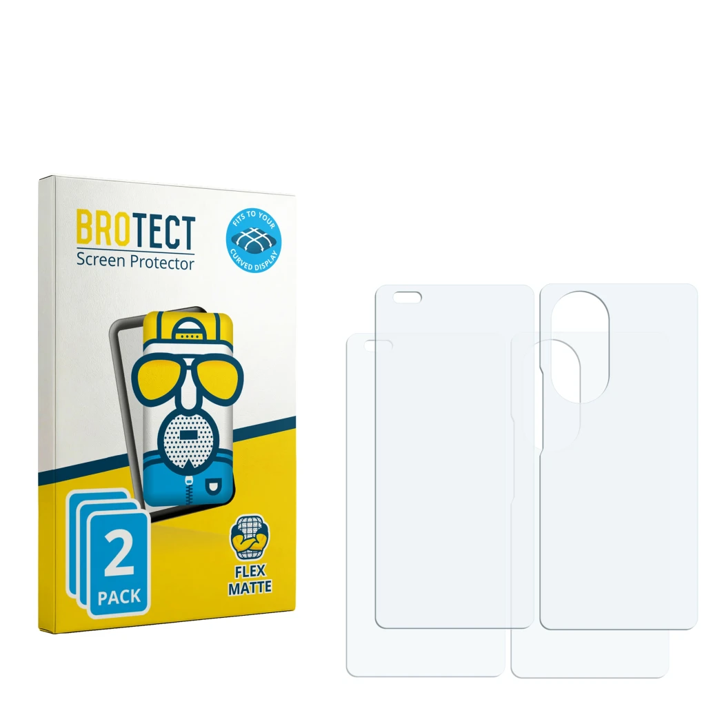 Face avant d’un emballage produit avec le logo de la marque BROTECT. À côté se trouve la protection d’écran correspondante.