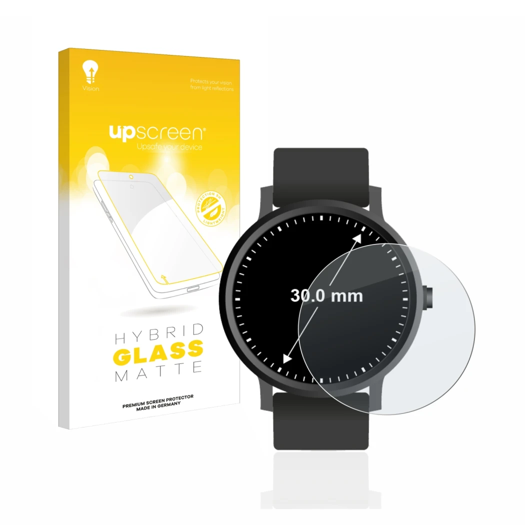 Face avant d’un emballage produit avec le logo de la marque upscreen. À côté, l’appareil Montres (Circulaire, ø: 30 mm) est re