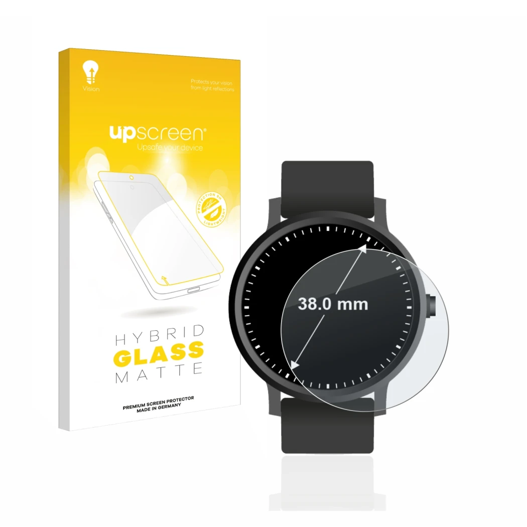 Face avant d’un emballage produit avec le logo de la marque upscreen. À côté, l’appareil Montres (Circulaire, ø: 38 mm) est re