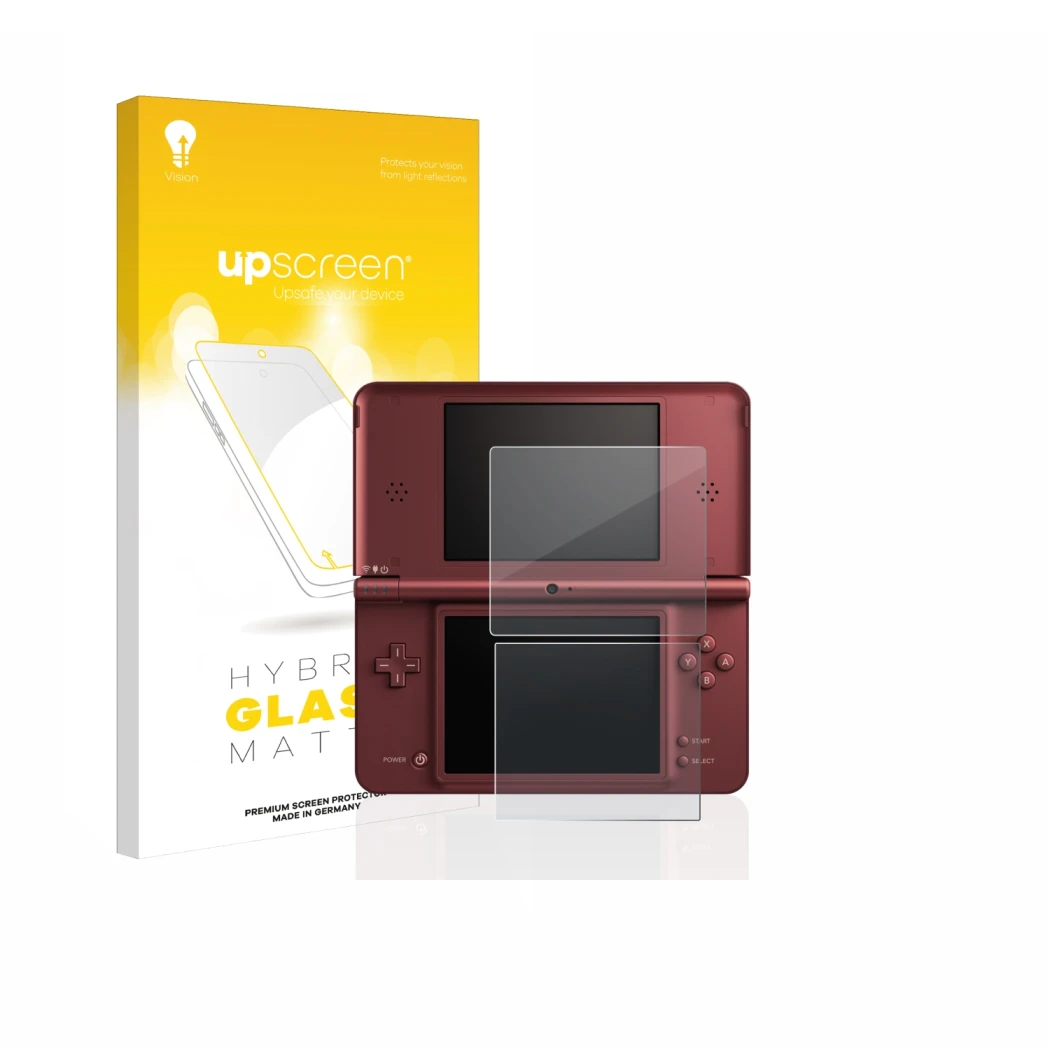 Face avant d’un emballage produit avec le logo de la marque upscreen. À côté, l’appareil Nintendo DSi XL est représenté avec l