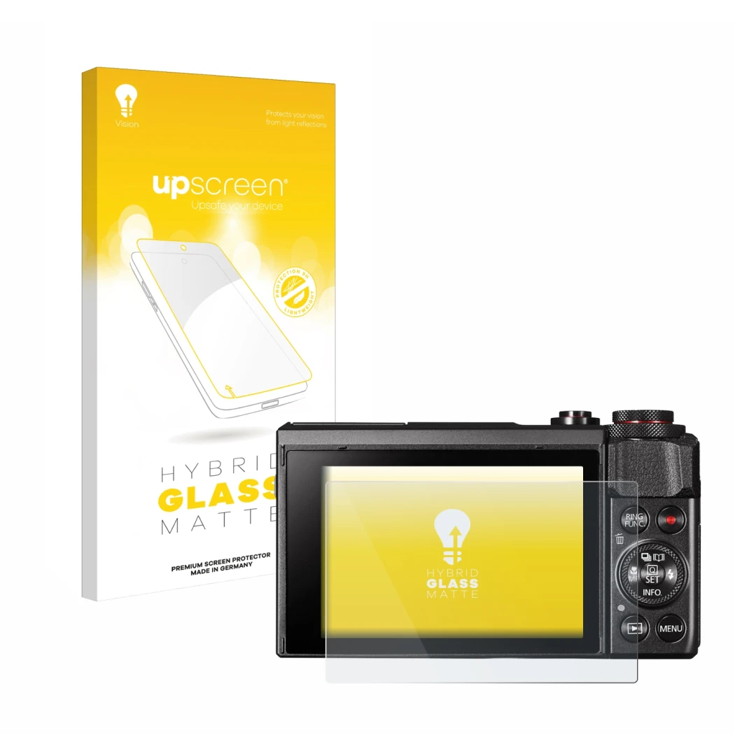 Face avant d’un emballage produit avec le logo de la marque upscreen. À côté, l’appareil Canon PowerShot G7 X Mark II est repr