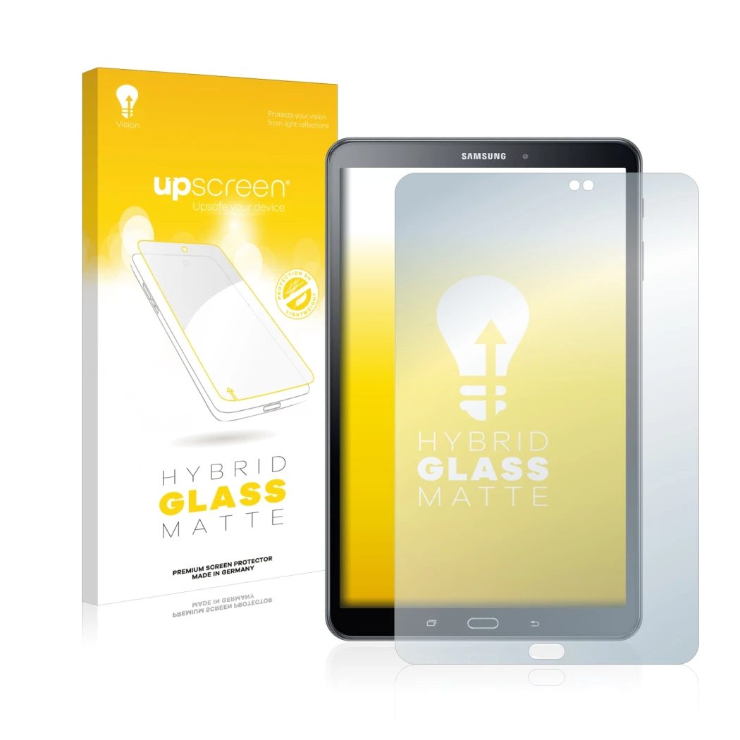 Face avant d’un emballage produit avec le logo de la marque upscreen. À côté, l’appareil Samsung Galaxy Tab A 10.1 2016 est re