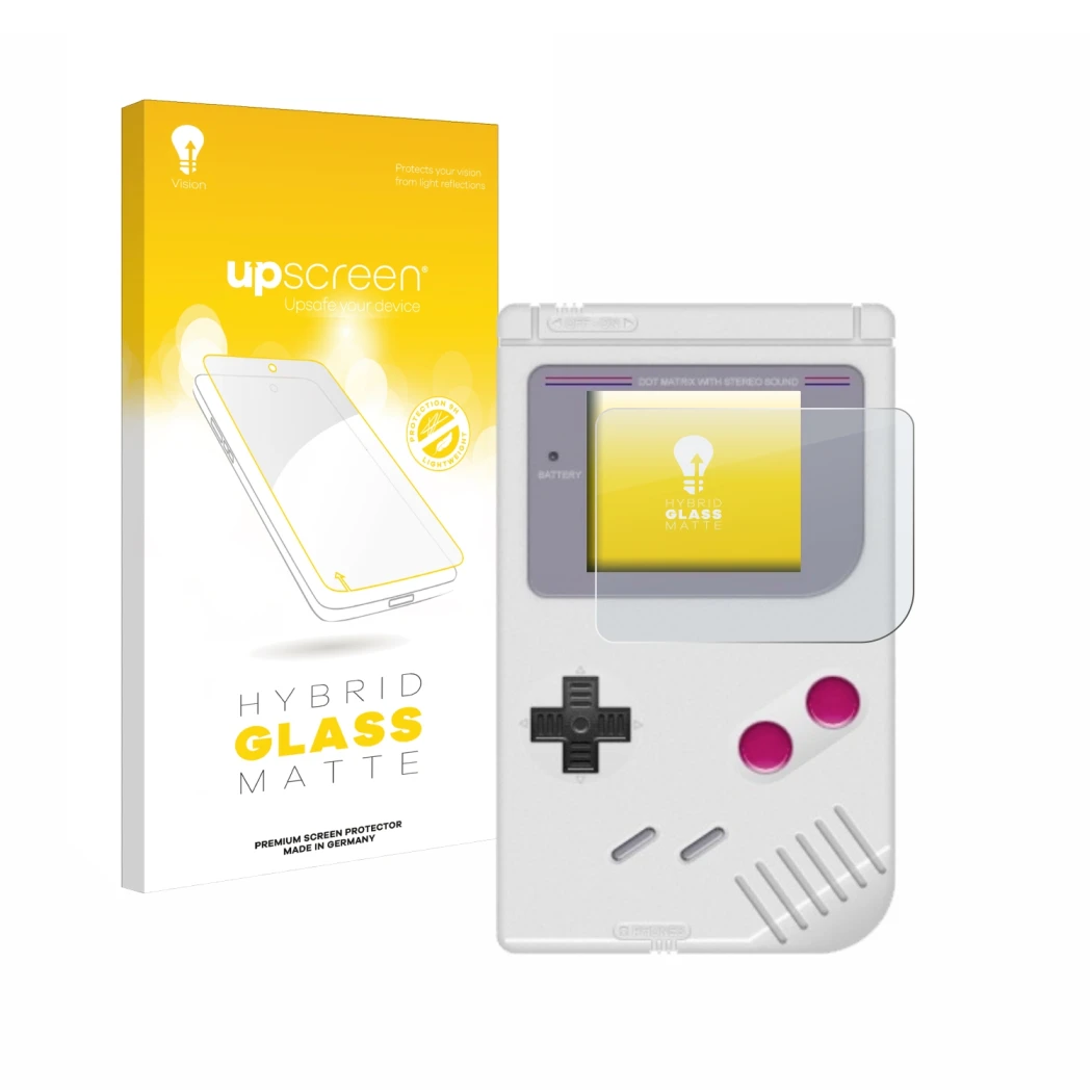 Face avant d’un emballage produit avec le logo de la marque upscreen. À côté, l’appareil Nintendo Gameboy (1989) est représent
