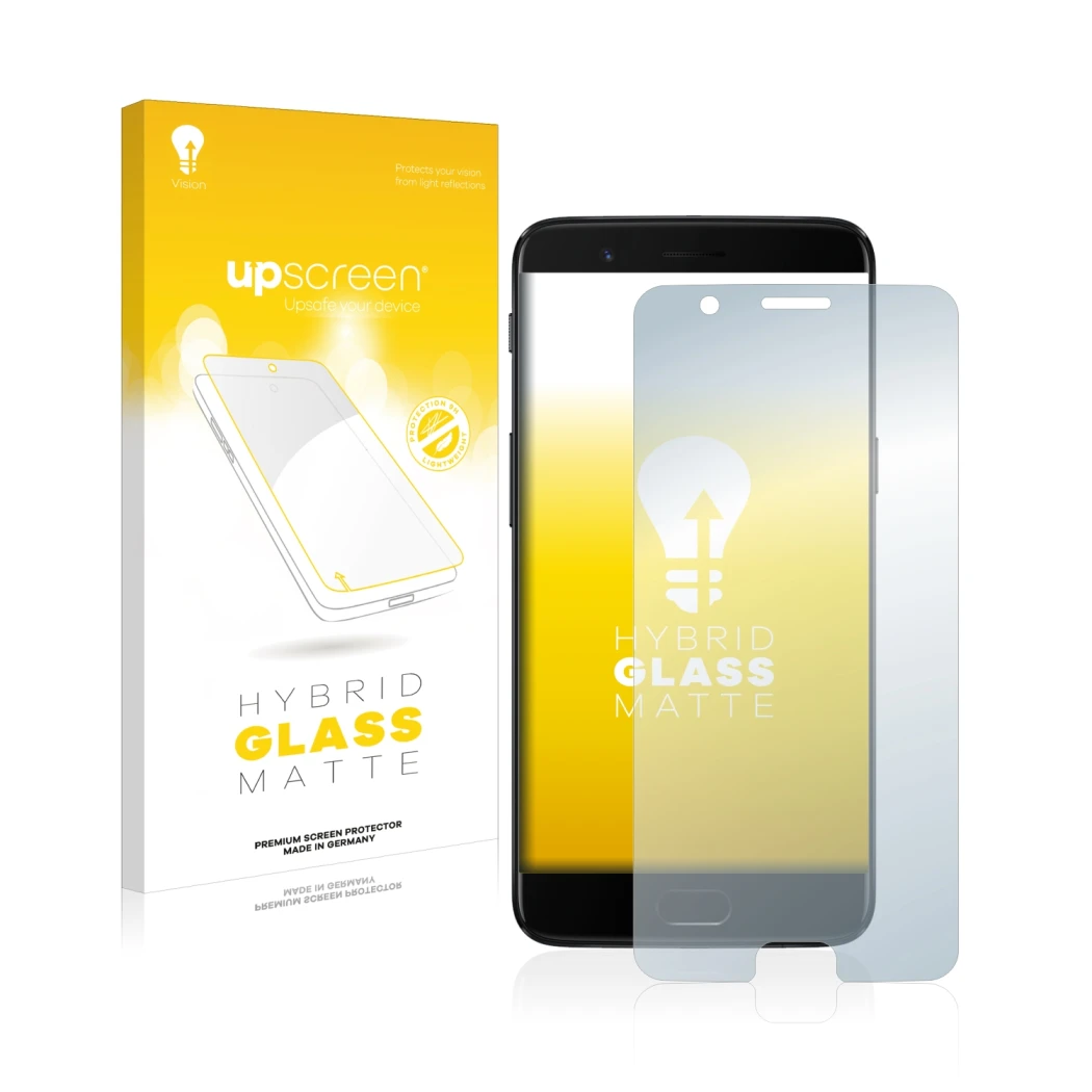 Face avant d’un emballage produit avec le logo de la marque upscreen. À côté, l’appareil OnePlus 5 est représenté avec la prot