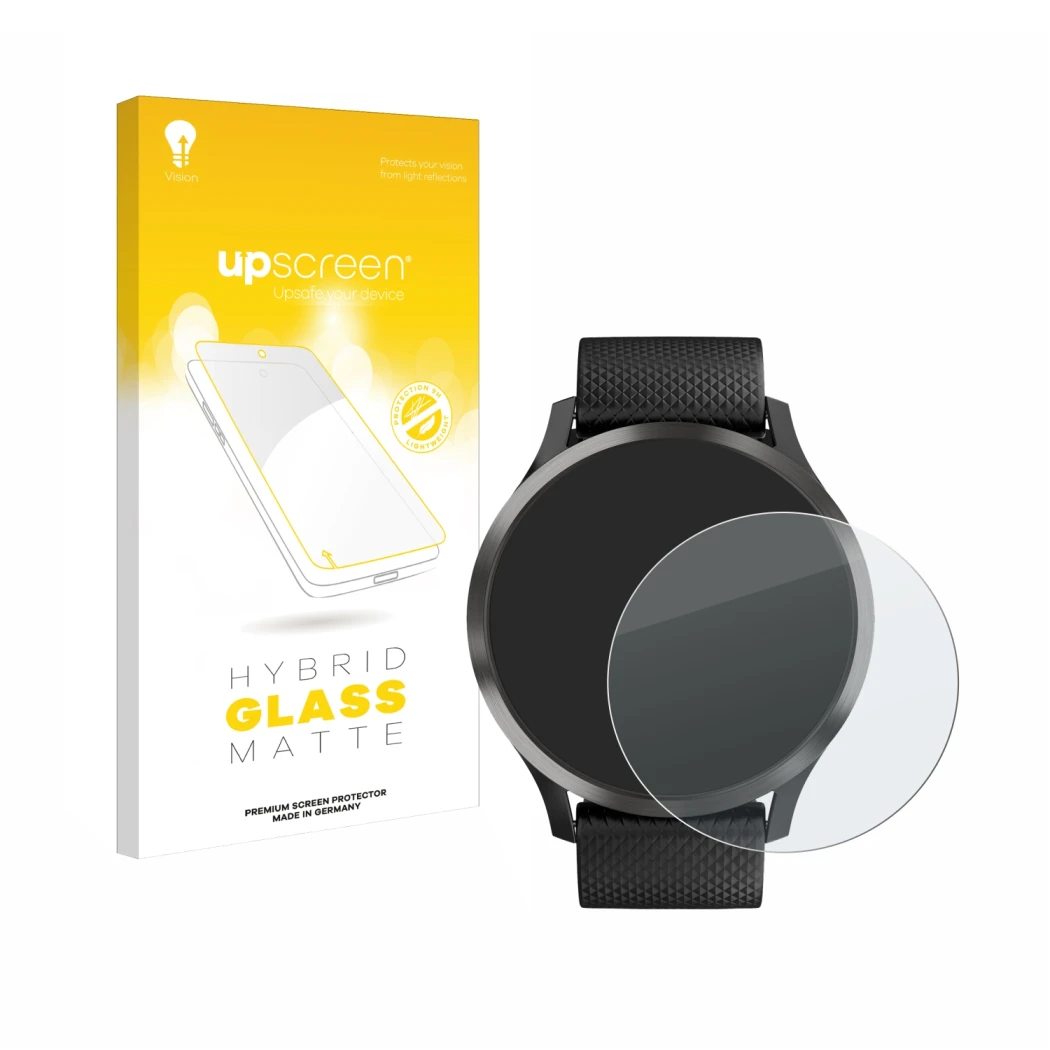 Face avant d’un emballage produit avec le logo de la marque upscreen. À côté, l’appareil Garmin vivomove HR est représenté ave