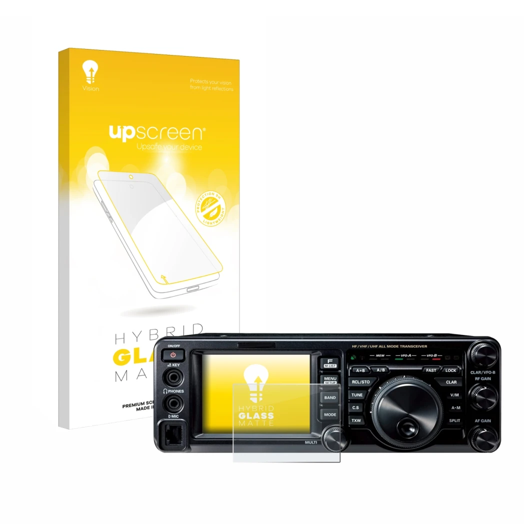 Face avant d’un emballage produit avec le logo de la marque upscreen. À côté, l’appareil Yaesu FT-991A est représenté avec la 