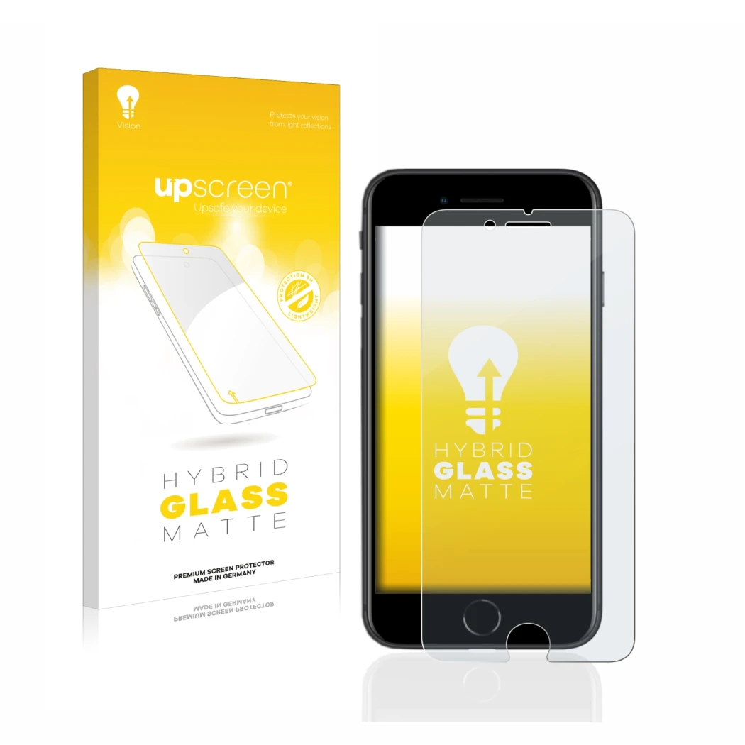 Face avant d’un emballage produit avec le logo de la marque upscreen. À côté, l’appareil Apple iPhone SE 2 2020 est représenté