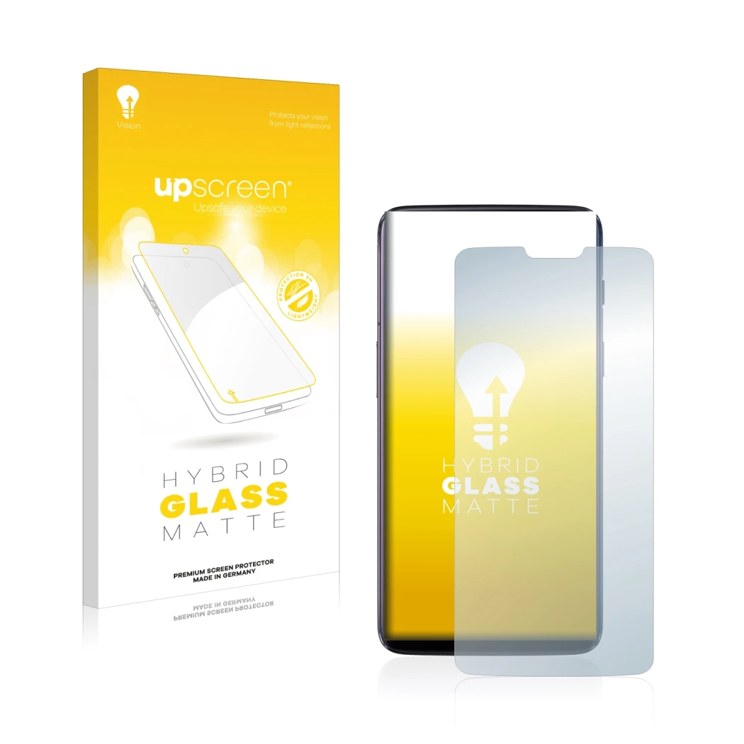 Face avant d’un emballage produit avec le logo de la marque upscreen. À côté, l’appareil OnePlus 6 est représenté avec la prot