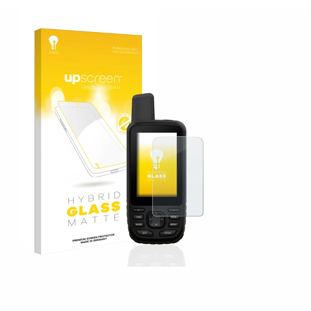 Face avant d’un emballage produit avec le logo de la marque upscreen. À côté, l’appareil Garmin GPSMAP 66s est représenté avec