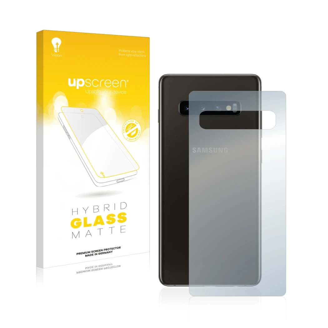 Face avant d’un emballage produit avec le logo de la marque upscreen. À côté, l’appareil Samsung Galaxy S10 (Arrière) est repr