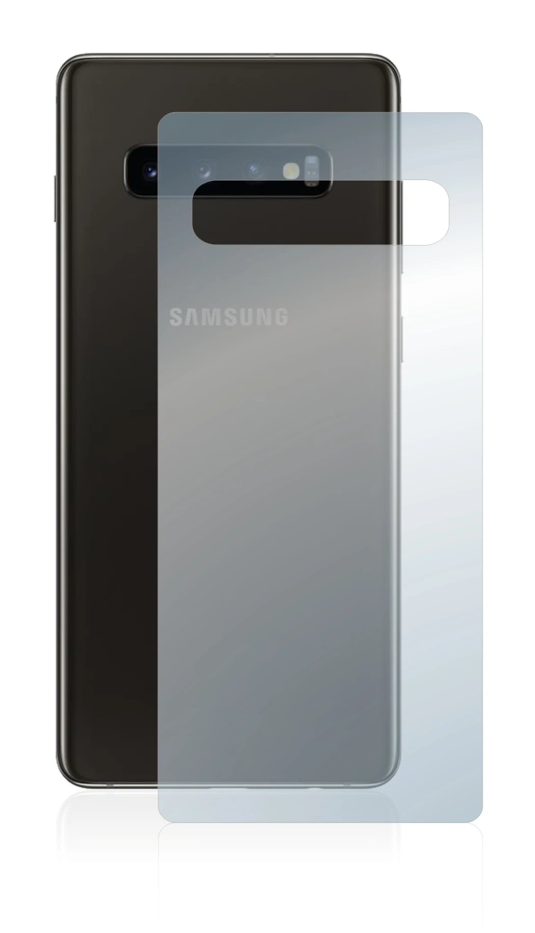 Image de l'appareil Samsung Galaxy S10 (Arrière) avec une grande variété de protections d'écran.