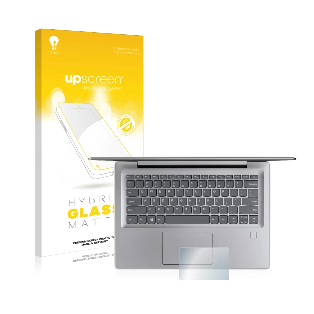 Face avant d’un emballage produit avec le logo de la marque upscreen. À côté, l’appareil Lenovo IdeaPad 530s (14