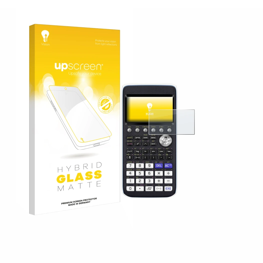 Face avant d’un emballage produit avec le logo de la marque upscreen. À côté, l’appareil Casio FX-CG50 est représenté avec la 