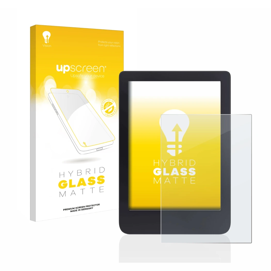 Face avant d’un emballage produit avec le logo de la marque upscreen. À côté, l’appareil Tolino Shine 3 est représenté avec la