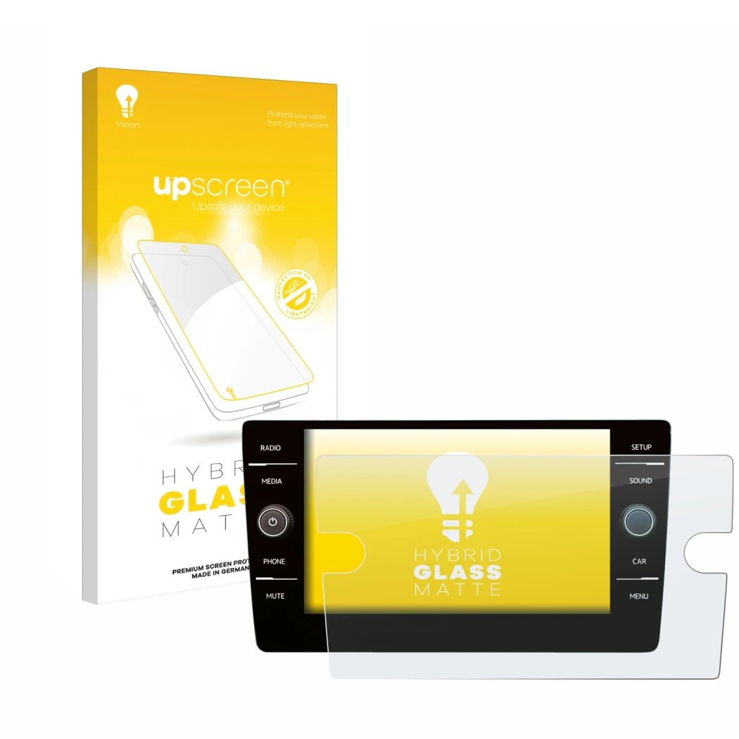 Face avant d’un emballage produit avec le logo de la marque upscreen. À côté, l’appareil Volkswagen Golf 7 2019 Discover Media