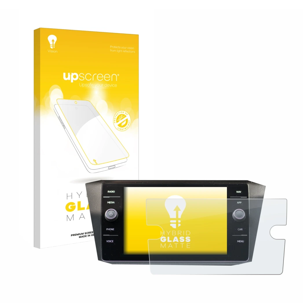 Face avant d’un emballage produit avec le logo de la marque upscreen. À côté, l’appareil Volkswagen Tiguan Discover Media 8