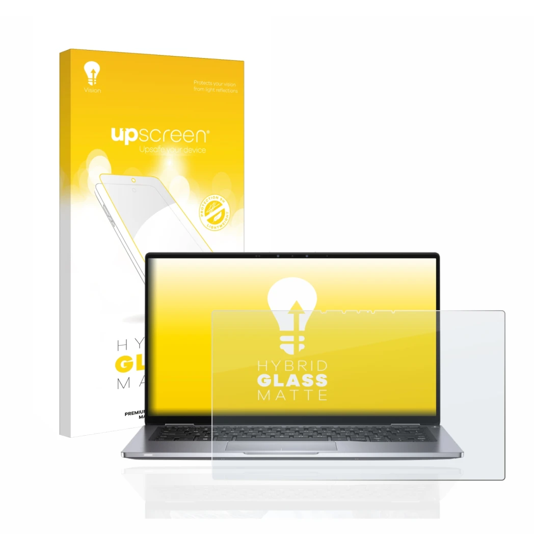 Face avant d’un emballage produit avec le logo de la marque upscreen. À côté, l’appareil Dell Latitude 7400 2-in-1 est représe