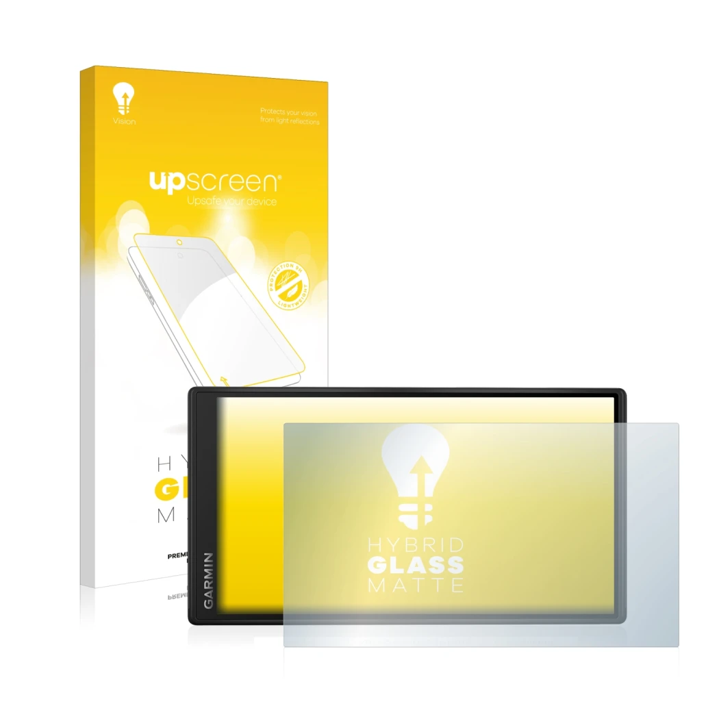 Face avant d’un emballage produit avec le logo de la marque upscreen. À côté, l’appareil Garmin DriveSmart 55 est représenté a