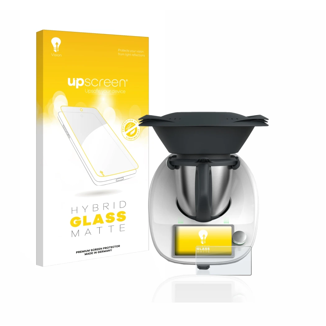 Face avant d’un emballage produit avec le logo de la marque upscreen. À côté, l’appareil Vorwerk Thermomix TM6 est représenté 