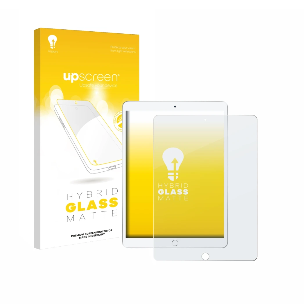 Face avant d’un emballage produit avec le logo de la marque upscreen. À côté, l’appareil Apple iPad Air 2019 (3ème Gen.) est r