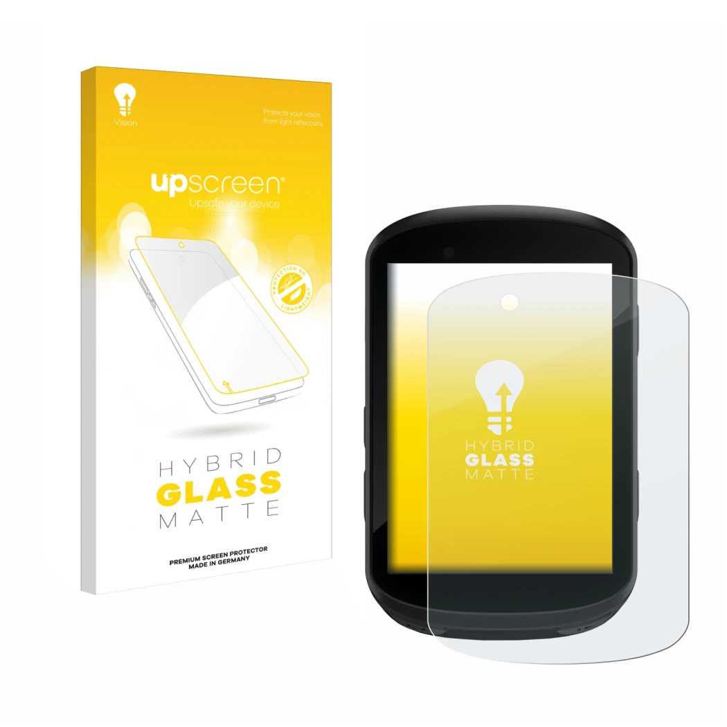 Face avant d’un emballage produit avec le logo de la marque upscreen. À côté, l’appareil Garmin Edge 830 est représenté avec l