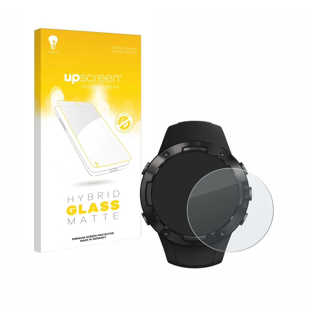 Face avant d’un emballage produit avec le logo de la marque upscreen. À côté, l’appareil Suunto 5 est représenté avec la prote