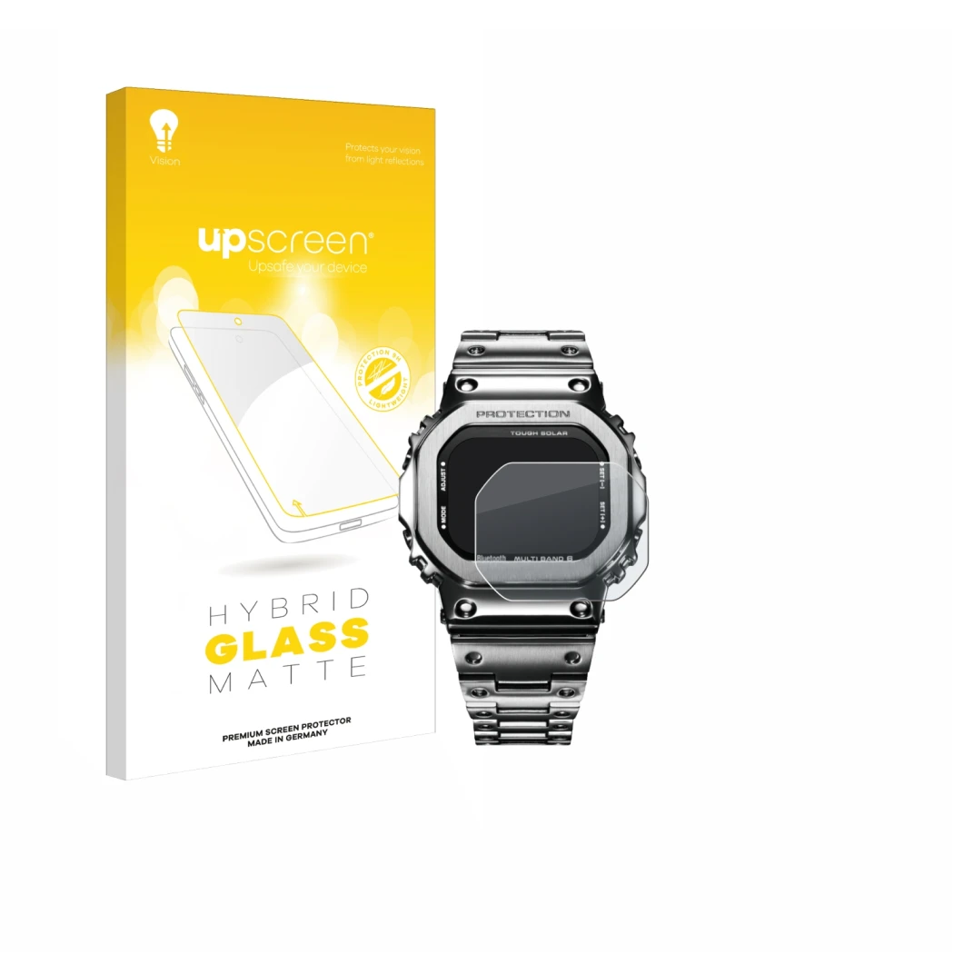 Face avant d’un emballage produit avec le logo de la marque upscreen. À côté, l’appareil Casio G-Shock GMW-B5000D-1ER est repr