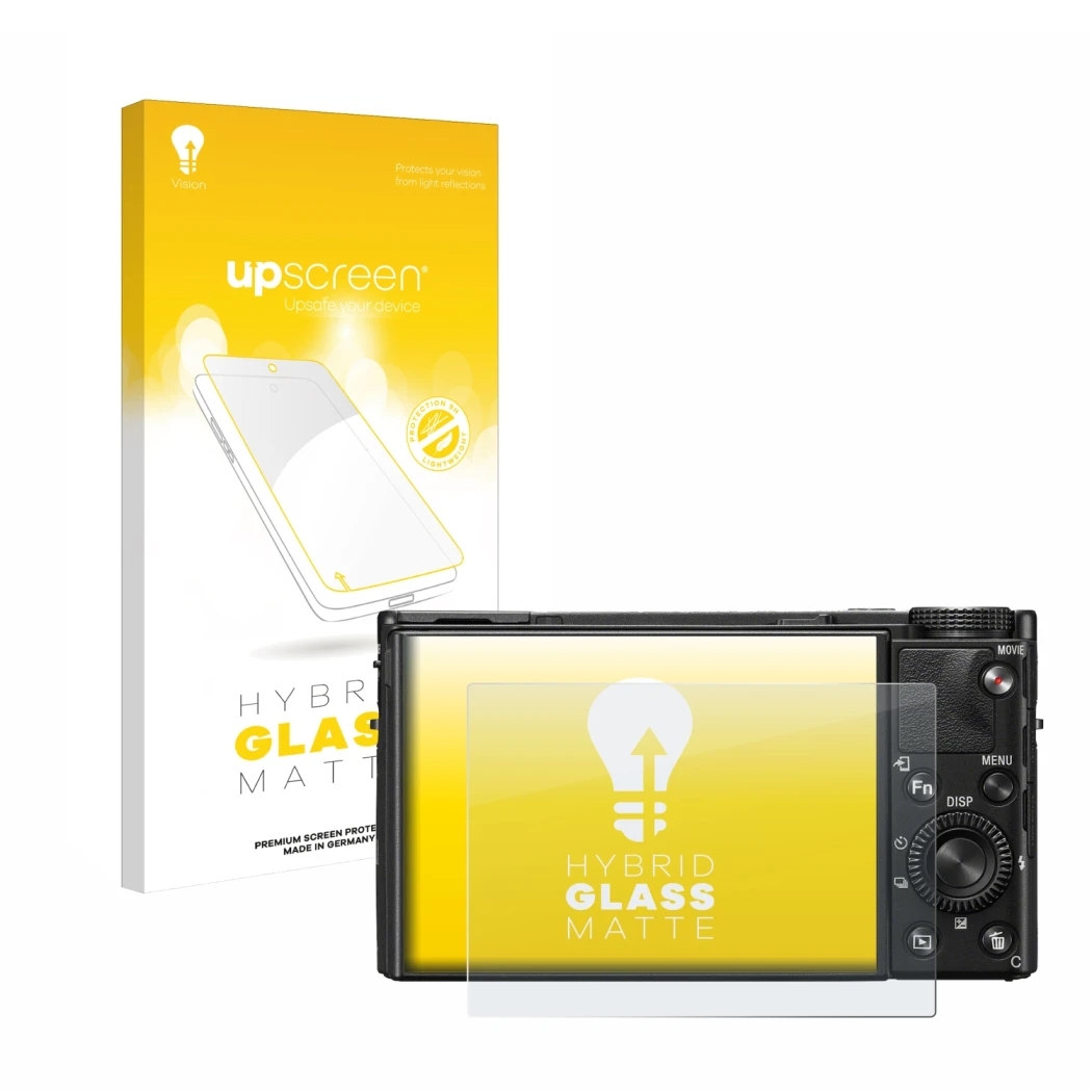 Face avant d’un emballage produit avec le logo de la marque upscreen. À côté, l’appareil Sony Cyber-Shot DSC-RX100 VII est rep