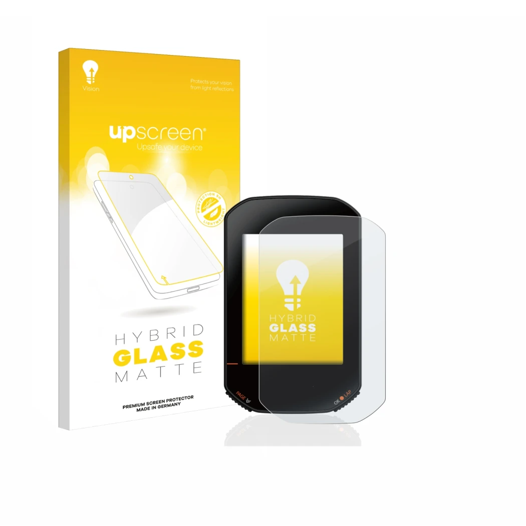 Face avant d’un emballage produit avec le logo de la marque upscreen. À côté, l’appareil Bryton Rider 420 est représenté avec 