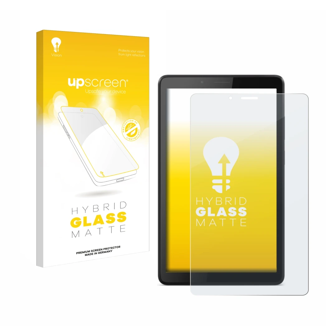 Face avant d’un emballage produit avec le logo de la marque upscreen. À côté, l’appareil Lenovo Tab M7 est représenté avec la 