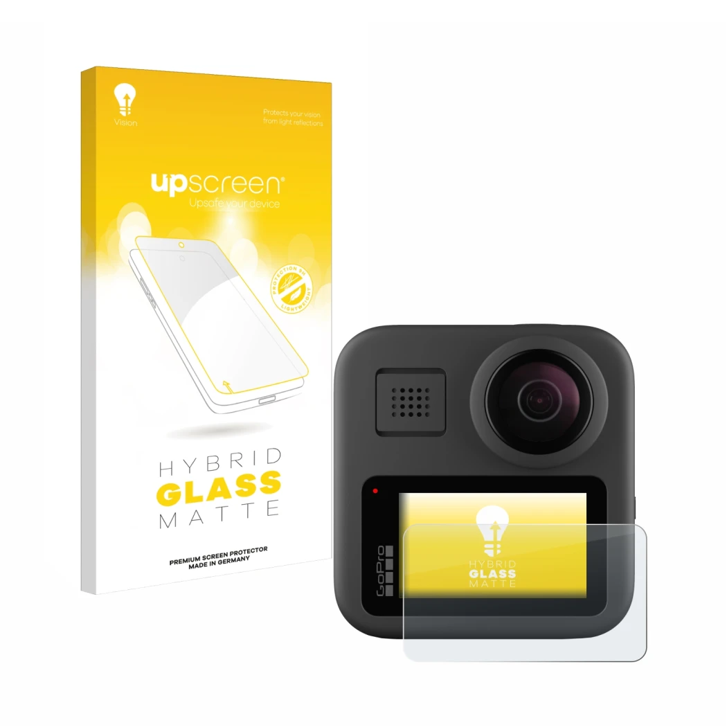 Face avant d’un emballage produit avec le logo de la marque upscreen. À côté, l’appareil GoPro Max est représenté avec la prot