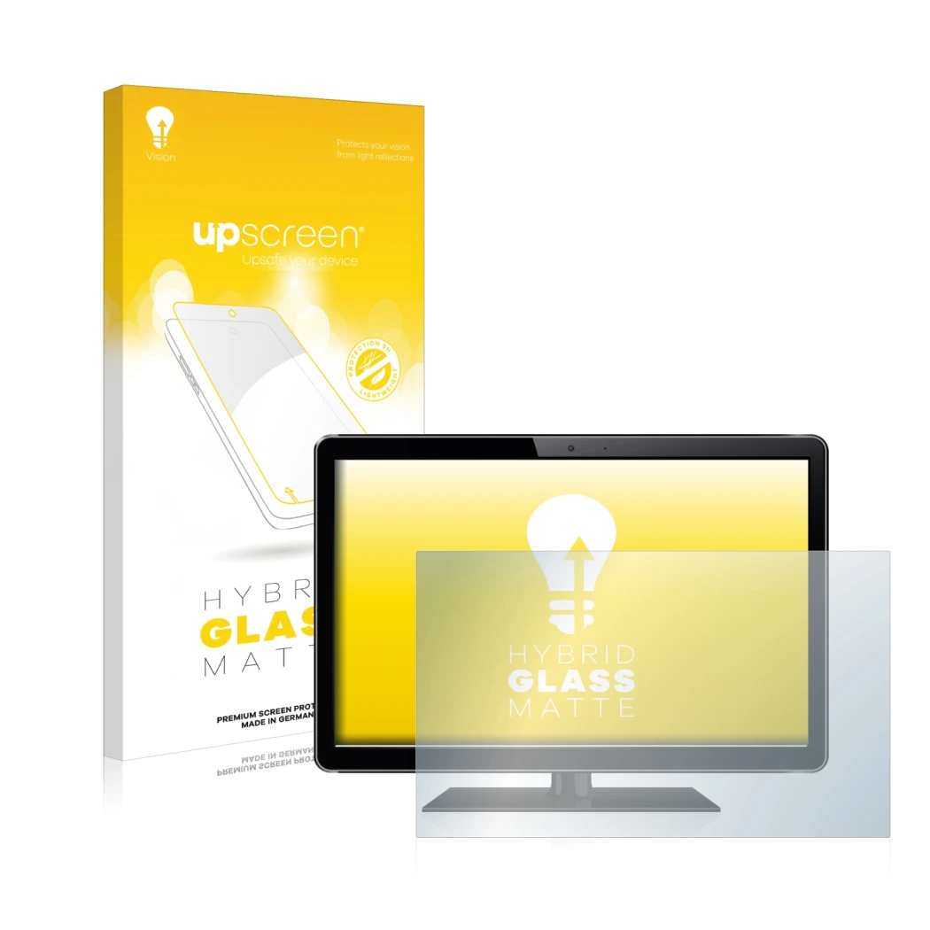 Face avant d’un emballage produit avec le logo de la marque upscreen. À côté, l’appareil est représenté avec la protection d’é