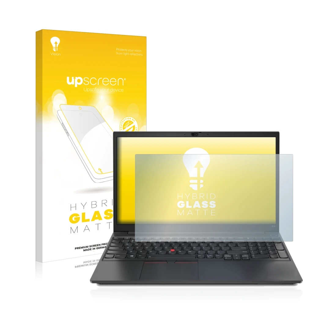 Face avant d’un emballage produit avec le logo de la marque upscreen. À côté, l’appareil Lenovo ThinkPad E15 est représenté av