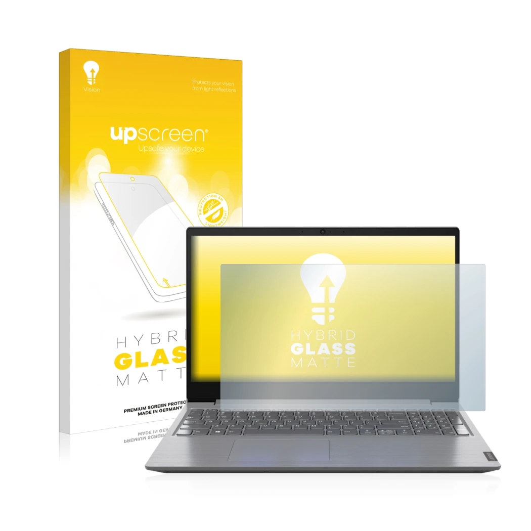 Face avant d’un emballage produit avec le logo de la marque upscreen. À côté, l’appareil Lenovo V15 15'' est représenté avec l