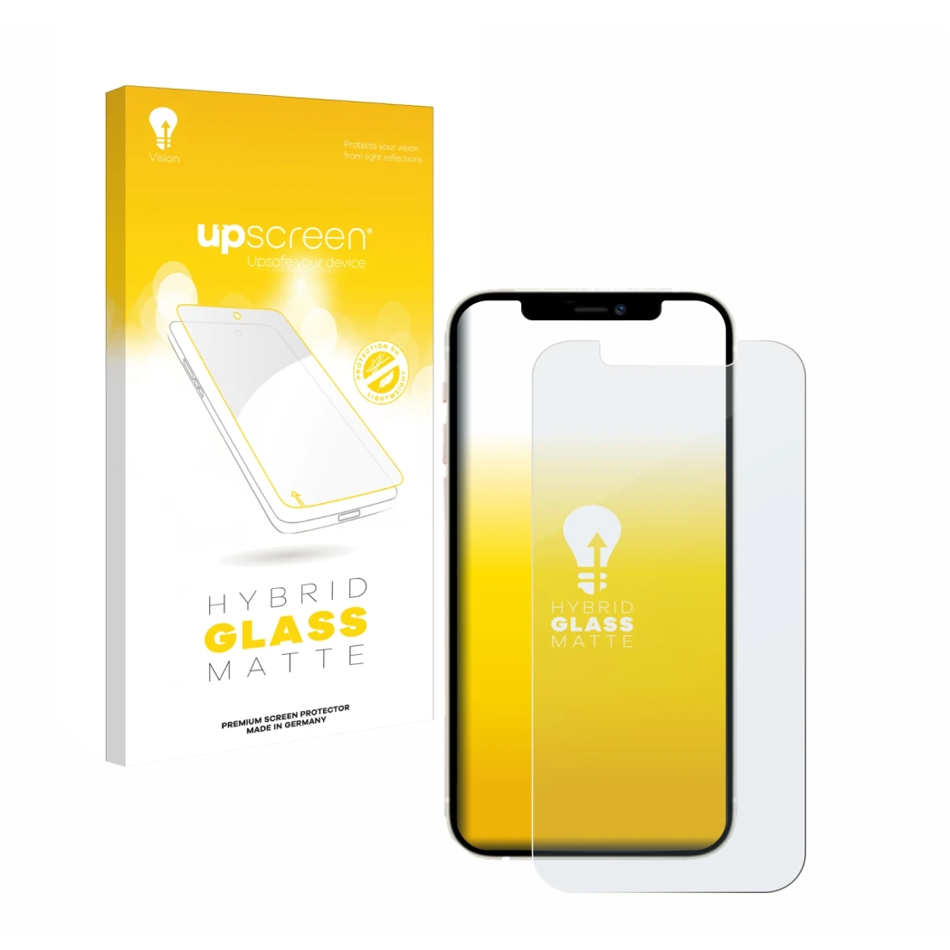 Face avant d’un emballage produit avec le logo de la marque upscreen. À côté, l’appareil Apple iPhone 12 est représenté avec l