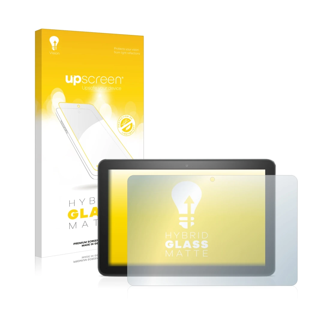 Face avant d’un emballage produit avec le logo de la marque upscreen. À côté, l’appareil Amazon Fire HD 8 Plus 2020 (10ème Gen