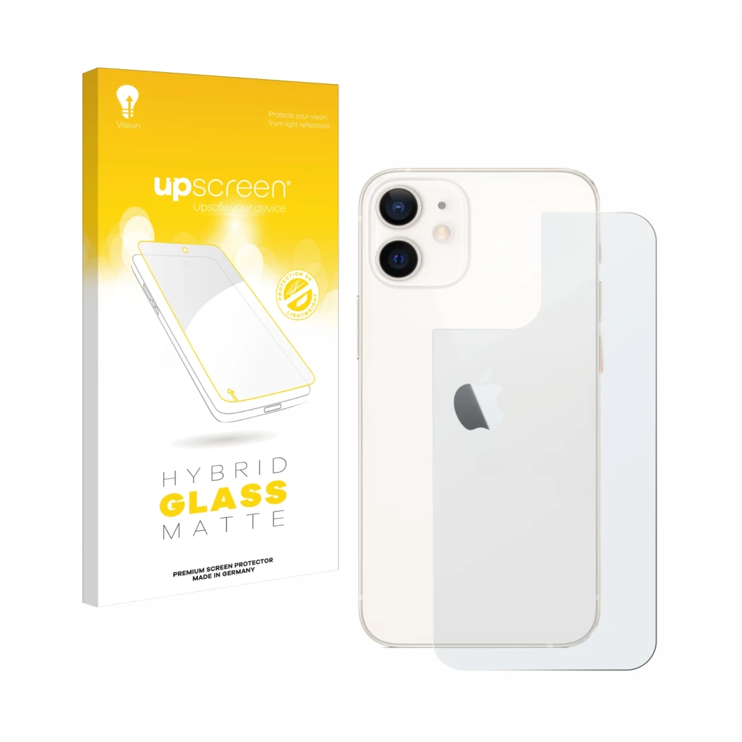 Face avant d’un emballage produit avec le logo de la marque upscreen. À côté, l’appareil Apple iPhone 12 mini (Arrière) est re