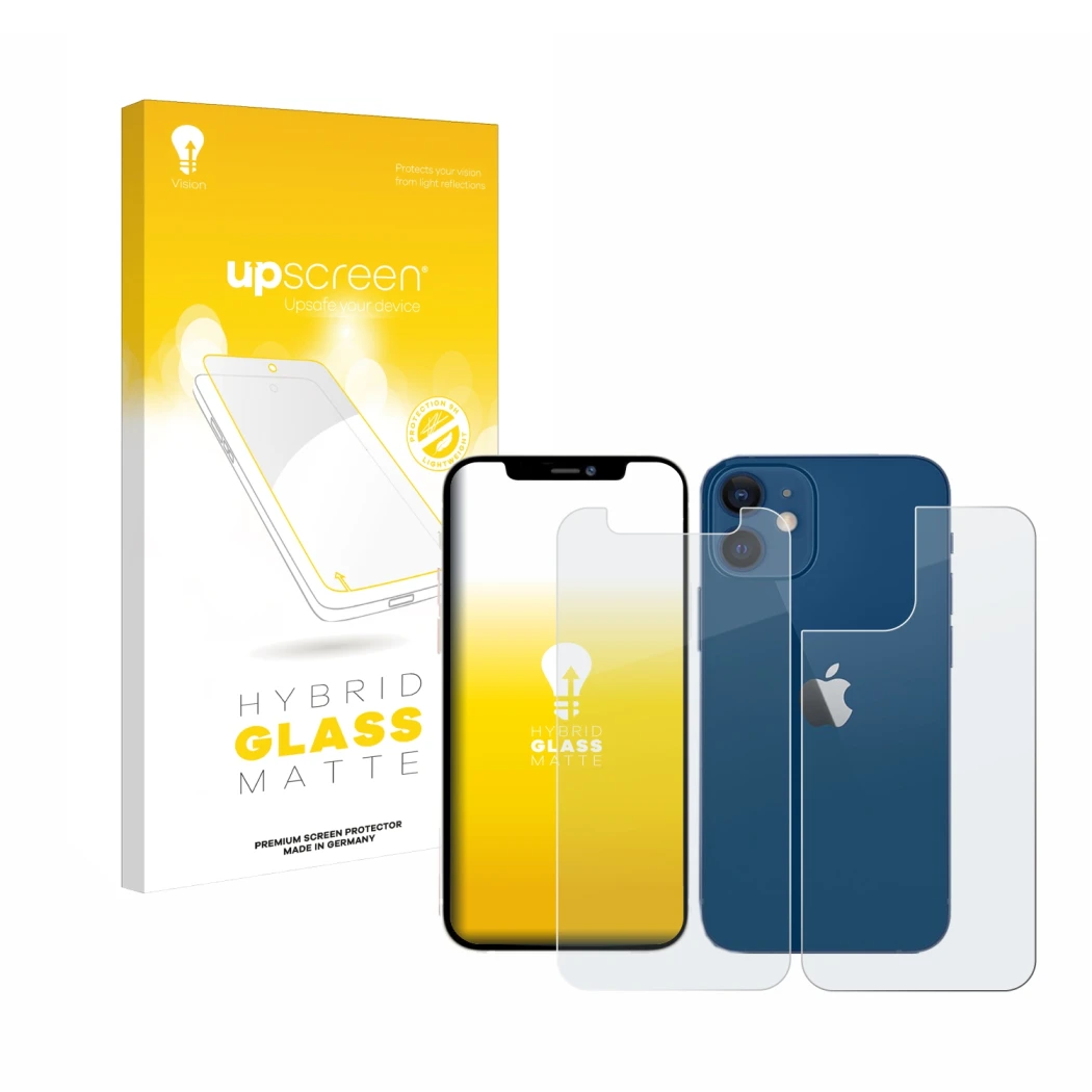 Face avant d’un emballage produit avec le logo de la marque upscreen. À côté, l’appareil Apple iPhone 12 mini (Avant+Arrière) 