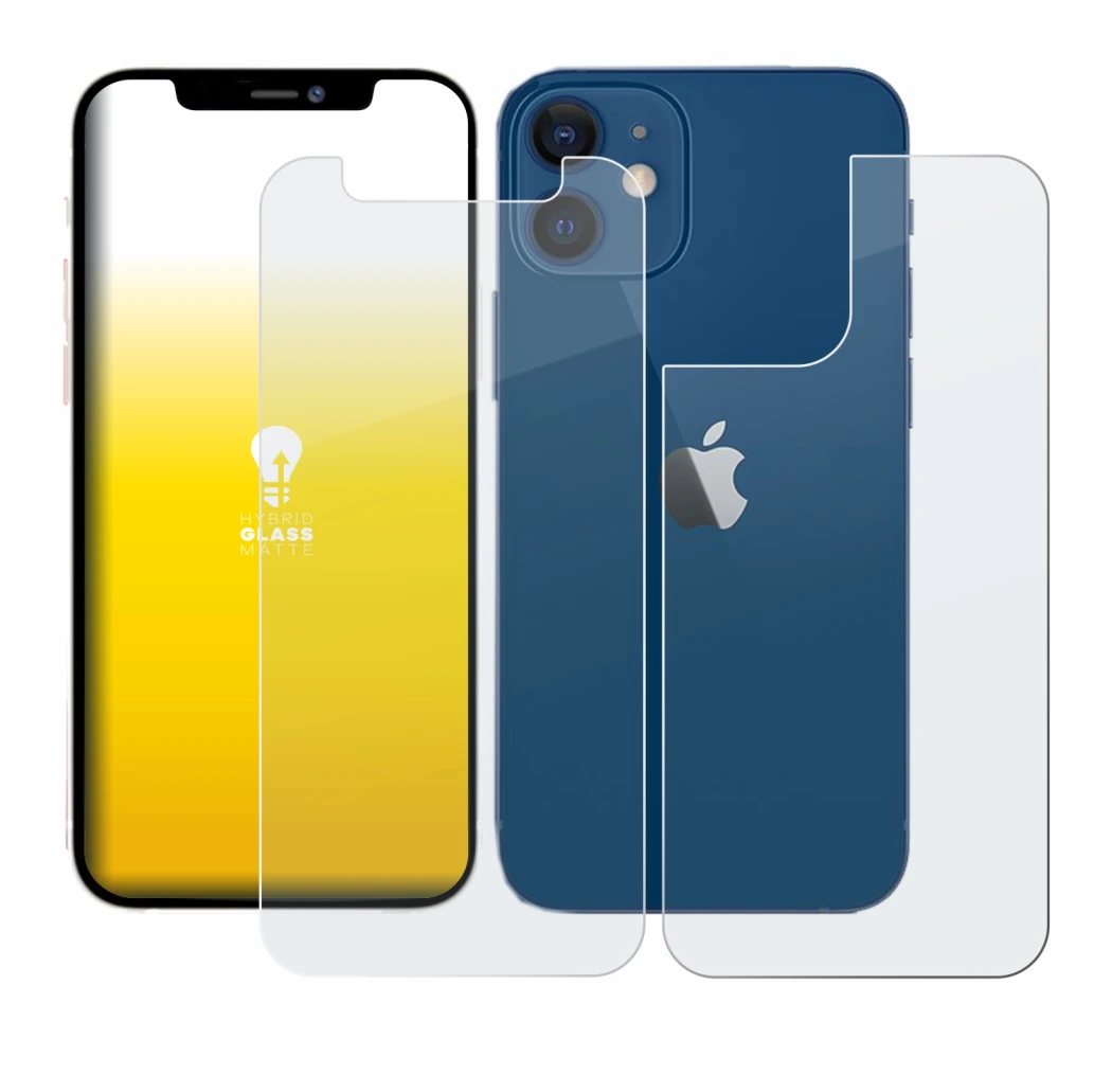 Image de l'appareil Apple iPhone 12 mini (Avant+Arrière) avec une grande variété de protections d'écran.