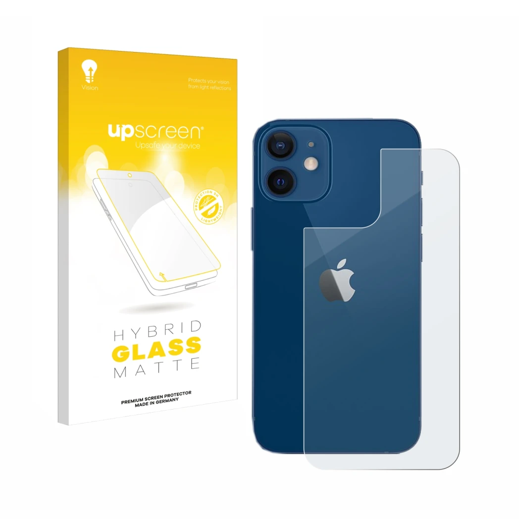Face avant d’un emballage produit avec le logo de la marque upscreen. À côté, l’appareil Apple iPhone 12 (Arrière) est représe