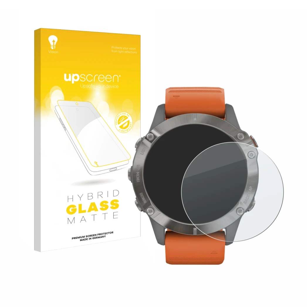 Face avant d’un emballage produit avec le logo de la marque upscreen. À côté, l’appareil Garmin Fenix 6 Pro Solar est représen