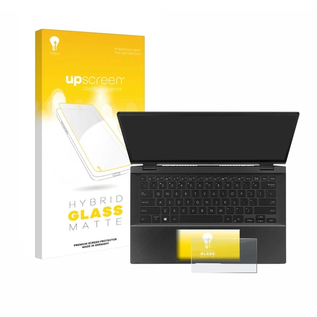 Face avant d’un emballage produit avec le logo de la marque upscreen. À côté, l’appareil ASUS ZenBook Flip 14 UX463FA (Touch T