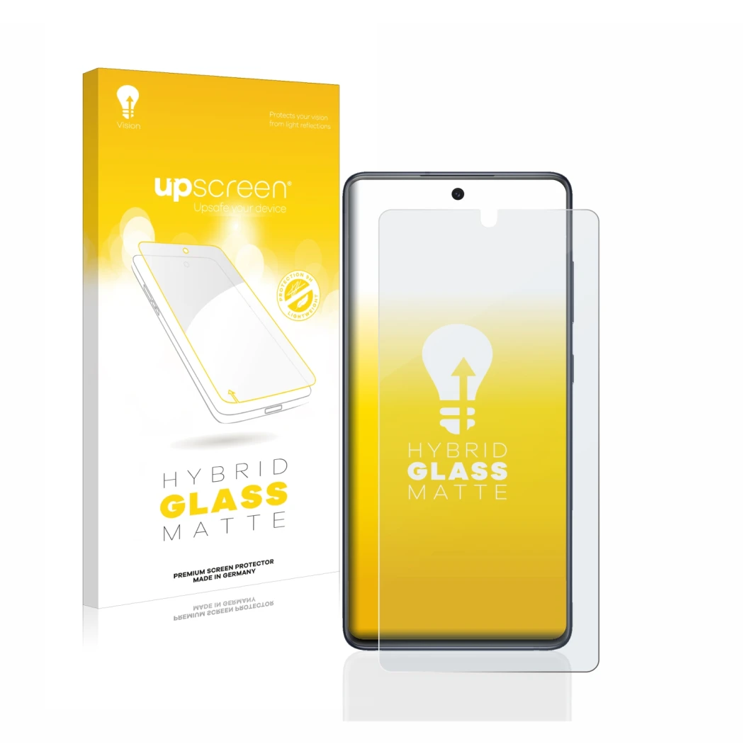 Face avant d’un emballage produit avec le logo de la marque upscreen. À côté, l’appareil Samsung Galaxy S20 FE est représenté 