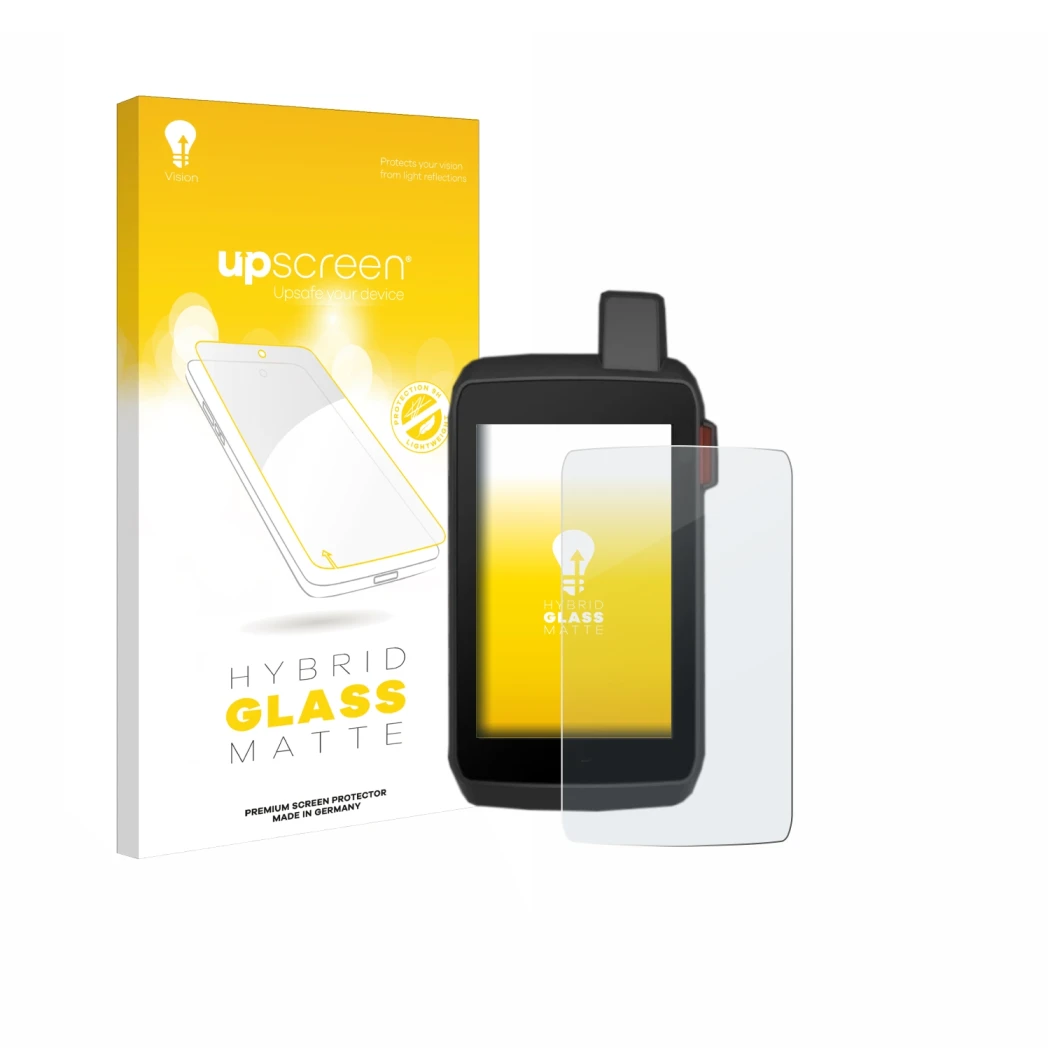 Face avant d’un emballage produit avec le logo de la marque upscreen. À côté, l’appareil Garmin Montana 700 est représenté ave