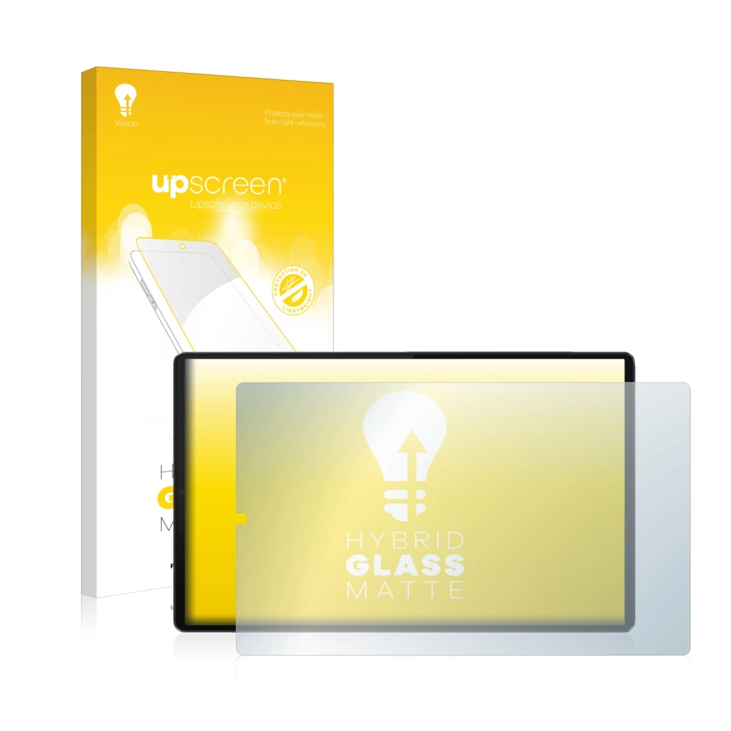 Face avant d’un emballage produit avec le logo de la marque upscreen. À côté, l’appareil Lenovo Tab M10 FHD Plus (en paysage) 